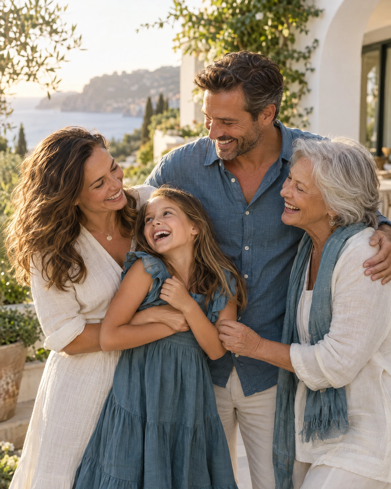 A multigenerational family sharing a joyful moment in a sunlit garden